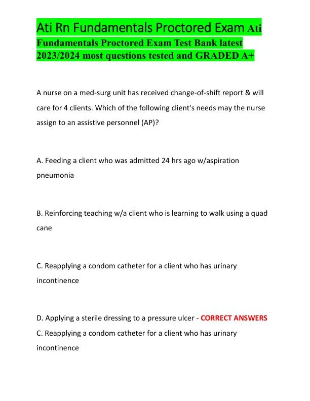 2023-2024 ATI RN Fundamentals Proctored Exam with Answers (100 Solved Questions)