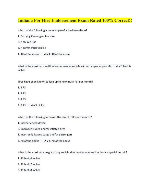 Indiana For Hire Endorsement Practice Exam with Answers (34 Solved Questions)