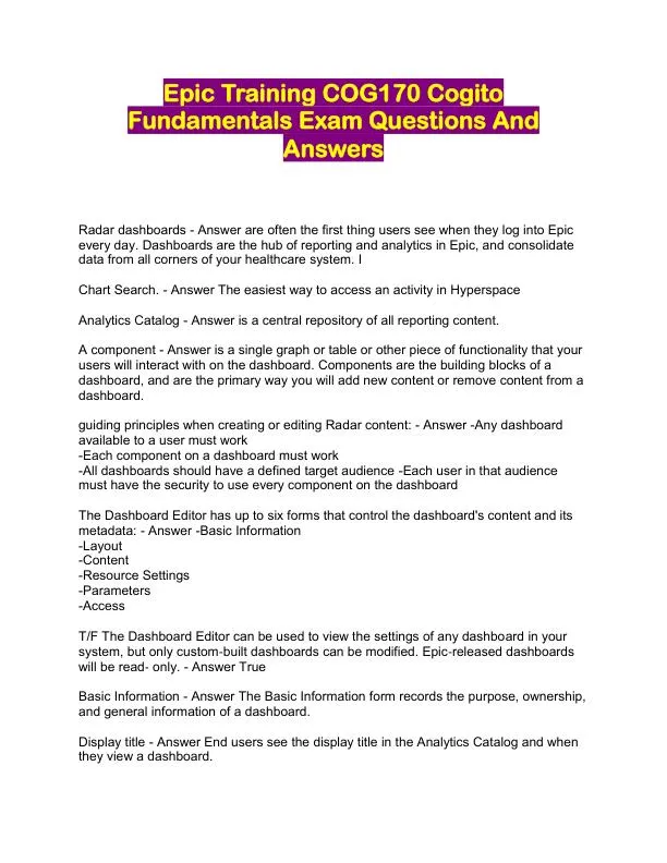 COG170 Cogito Epic Training Fundamentals Practice Exam with Answers (220 Solved Questions)