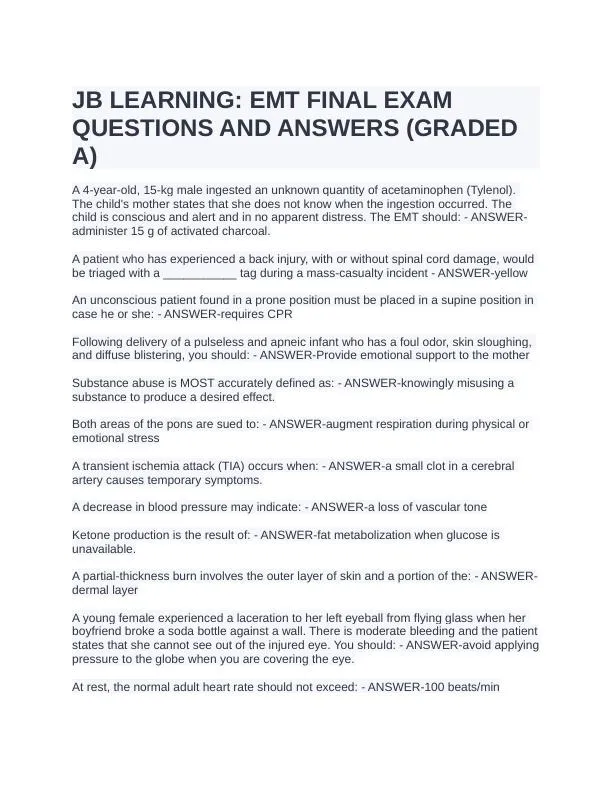 JB Learning: EMT Final Exam with Answers (201 Solved Questions)
