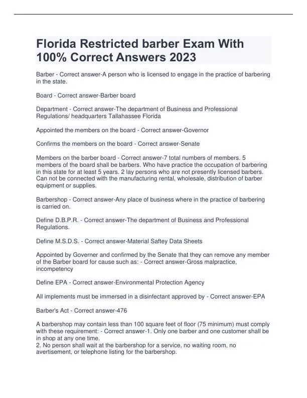 2023 Florida Restricted Barber Practice Exam with Answers (64 Solved Questions)
