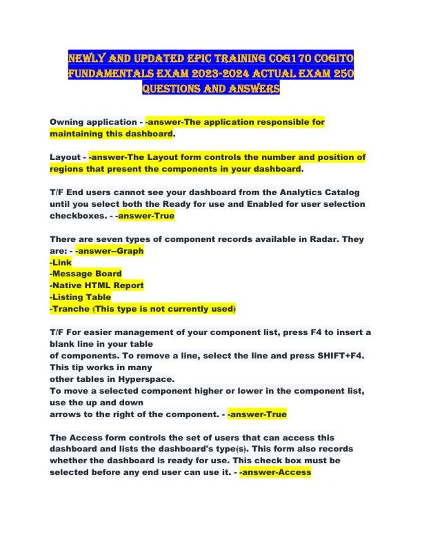 2023-2024 COG170 Cogito Epic Training Fundamentals Practice Exam with Answers (198 Solved Questions)