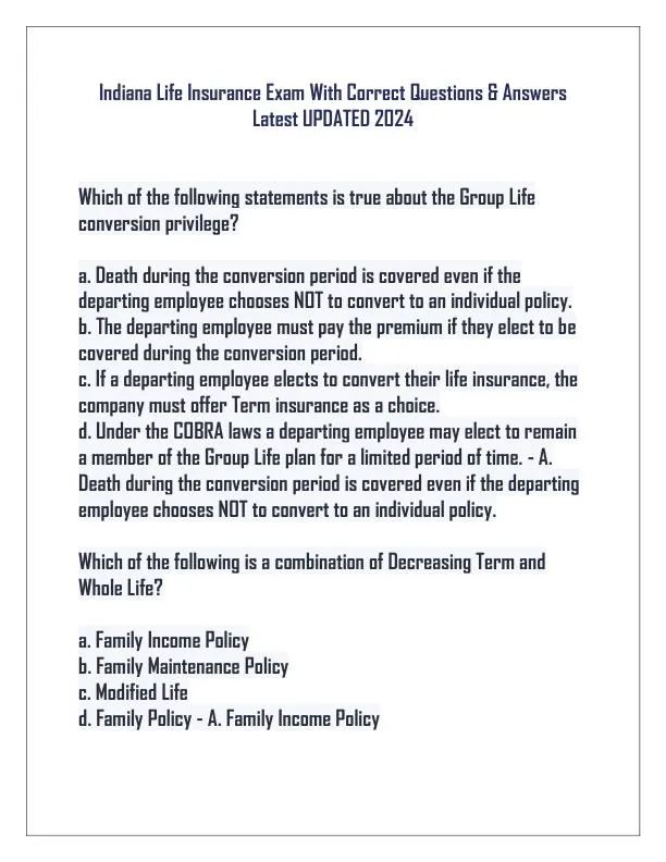 2024 Indiana Life Insurance Practice Exam with Answers (75 Solved Questions)