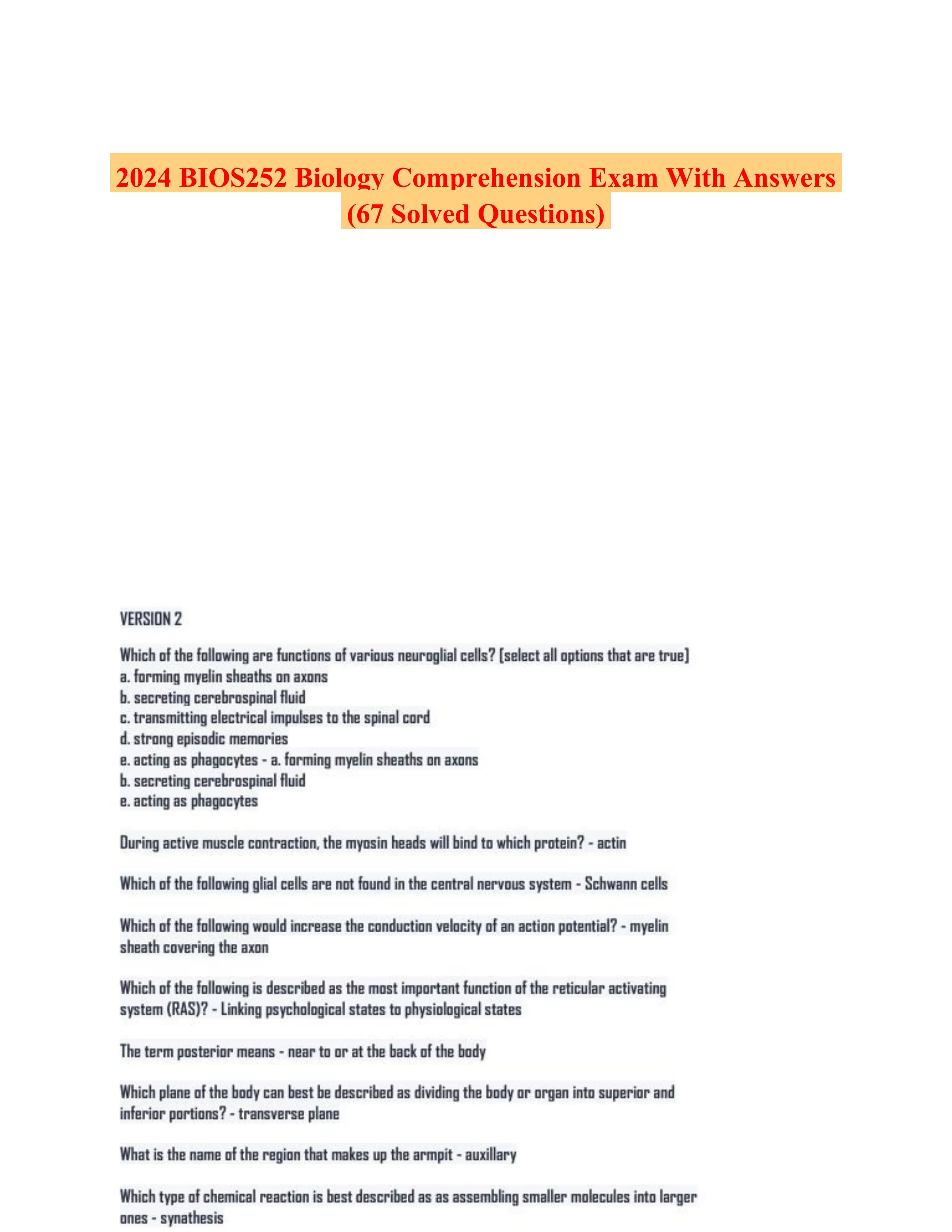 2024 BIOS252 Biology Comprehension Exam With Answers (67 Solved Questions)