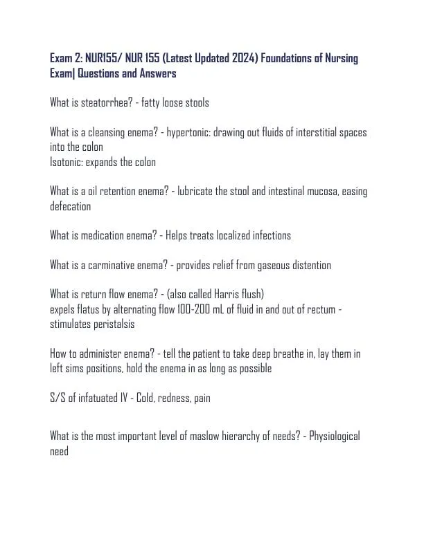 2024 NUR155 Comprehensive Foundations of Nursing Exam With Answers (105 Solved Questions)