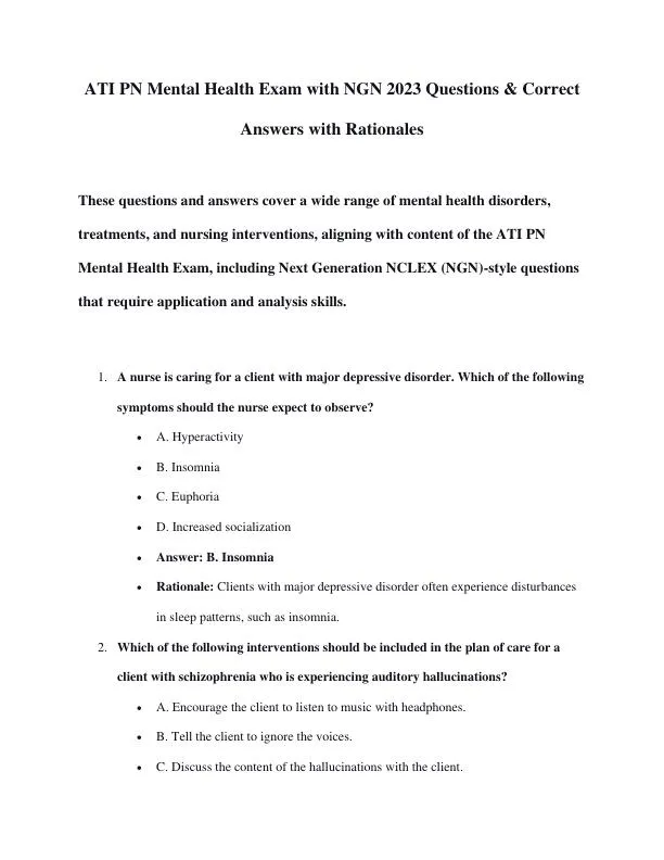 2023 ATI PN Mental Health Practice Exam With Answers (43 Solved Questions)