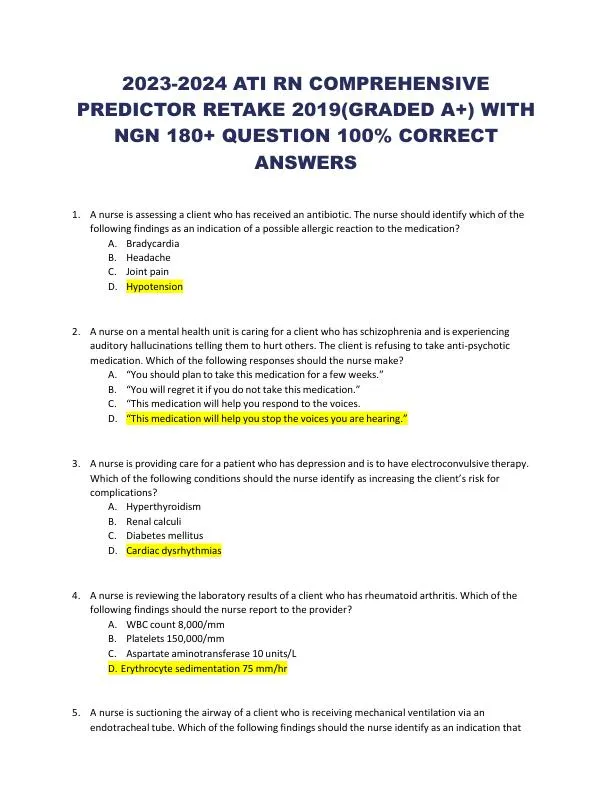 2019, 2023-2024 ATI RN Comp Predictor With Answers (177 Solved Questions)