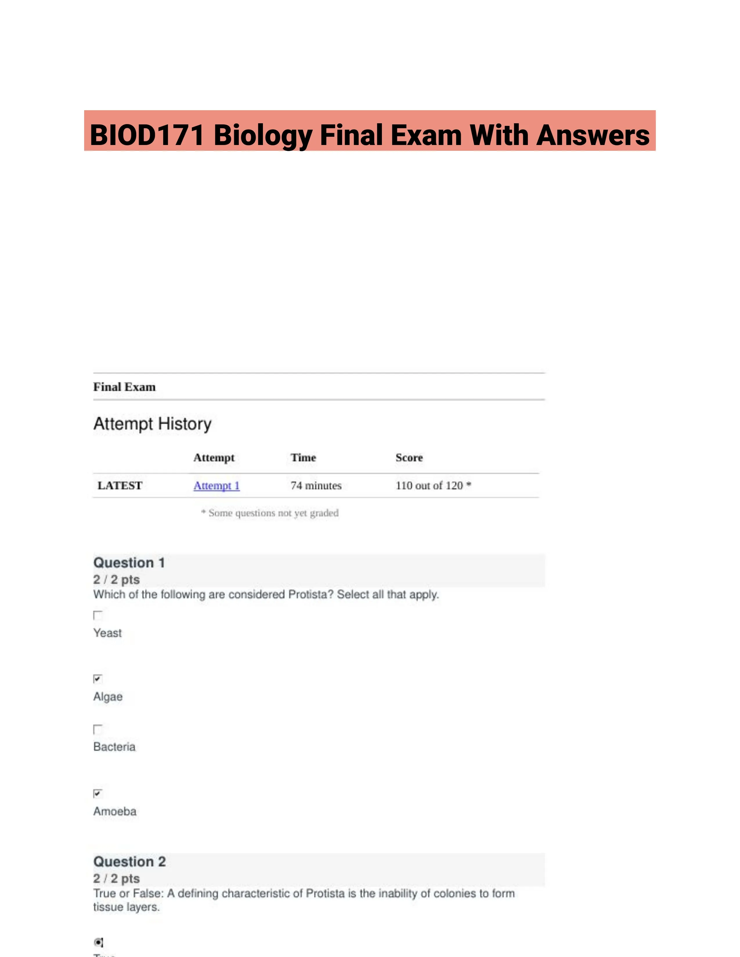 BIOD171 Biology Final Exam With Answers (39 Solved Questions)