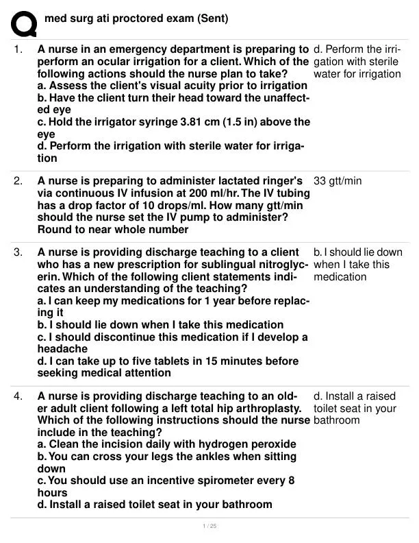 ATI Medical Surgical Nursing Proctored Exam With Answers (100 Solved Questions)