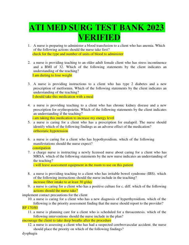 2023 ATI Medical Surgical Practice Exam With Answers (184 Solved Questions)