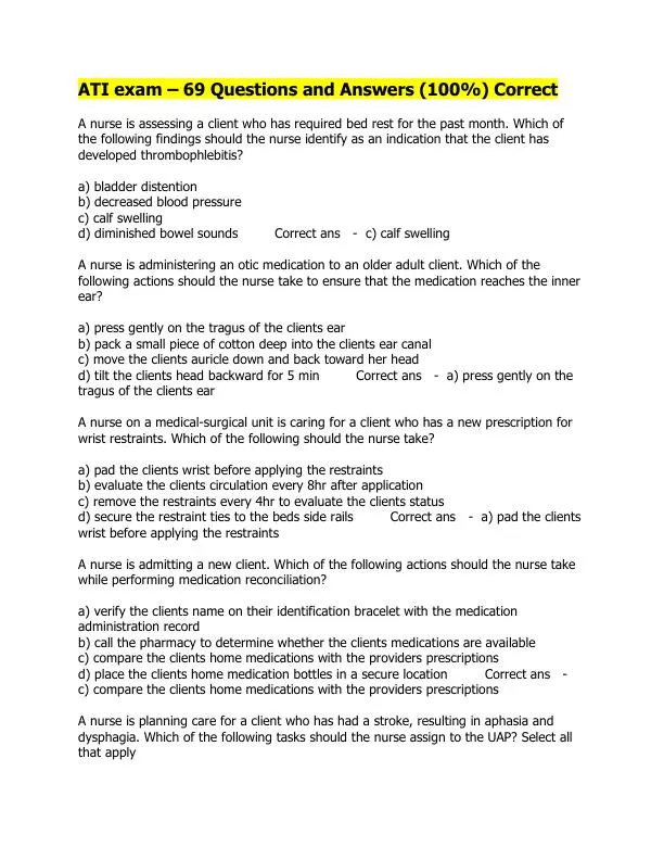 ATI Pharmacology Practice Exam With Answers (67 Solved Questions)