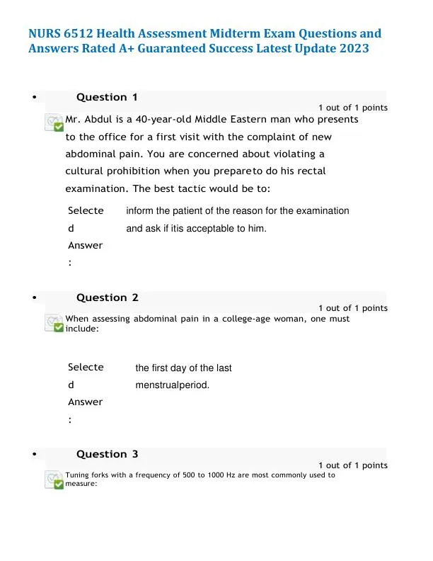 2023 NURS6512 Health Assessment Midterm Exam With Answers (100 Solved Questions)