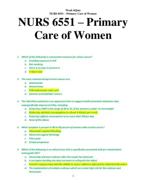 NURS6551 Primary Care of Women Week 6 Quiz Exam With Answers (10 Solved Questions)