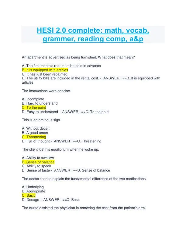 HESI math, vocab, grammer, reading comp, a&p Practice Exam With Answers (1133 Solved Questions)