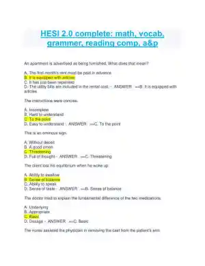 HESI math, vocab, grammer, reading comp, a&p Practice Exam With Answers (1133 Solved Questions)