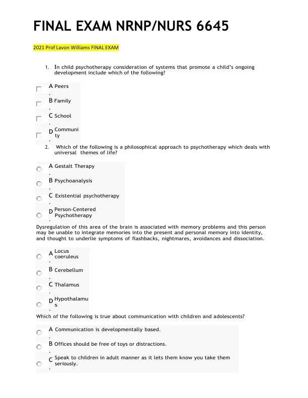 2021 NRNP/NURS 6645 Psychotherapy Final Exam With Answers (99 Solved Questions)