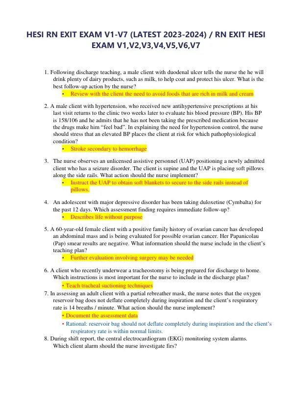 2023-2024 HESI RN Healthcare Exit Exam V1-V7 With Answers (893 Solved Questions)