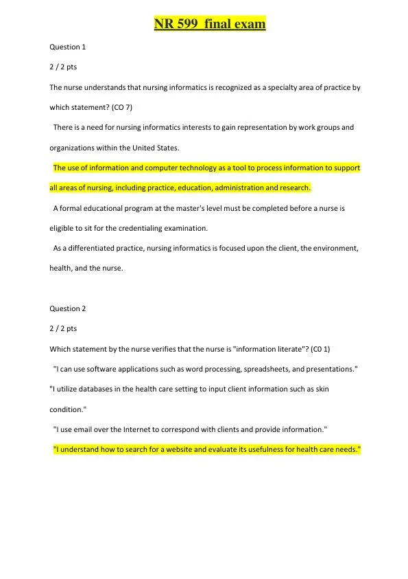 NR599 Nursing Informatics Final Exam With Answers (15 Solved Questions)