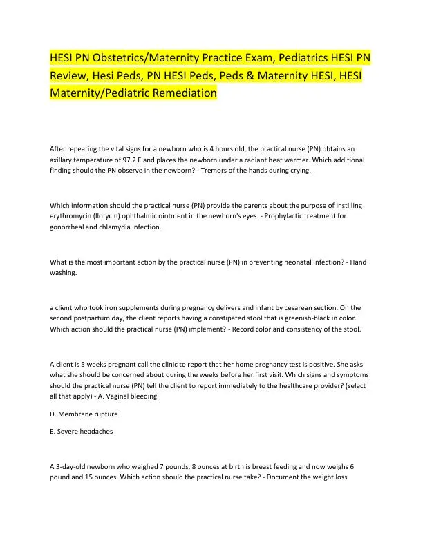 HESI PN Obstetrics, Maternity, Pediatrics Practice Exam With Answers (1000 Solved Questions)