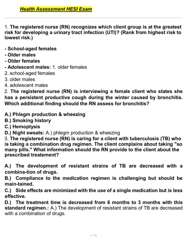 HESI Health Assessment Practice Exam With Answers (50 Solved Questions)