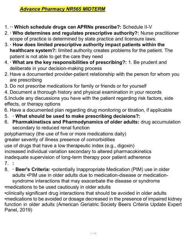 NR565 Pharmacology Midterm Exam With Answers (150 Solved Questions)