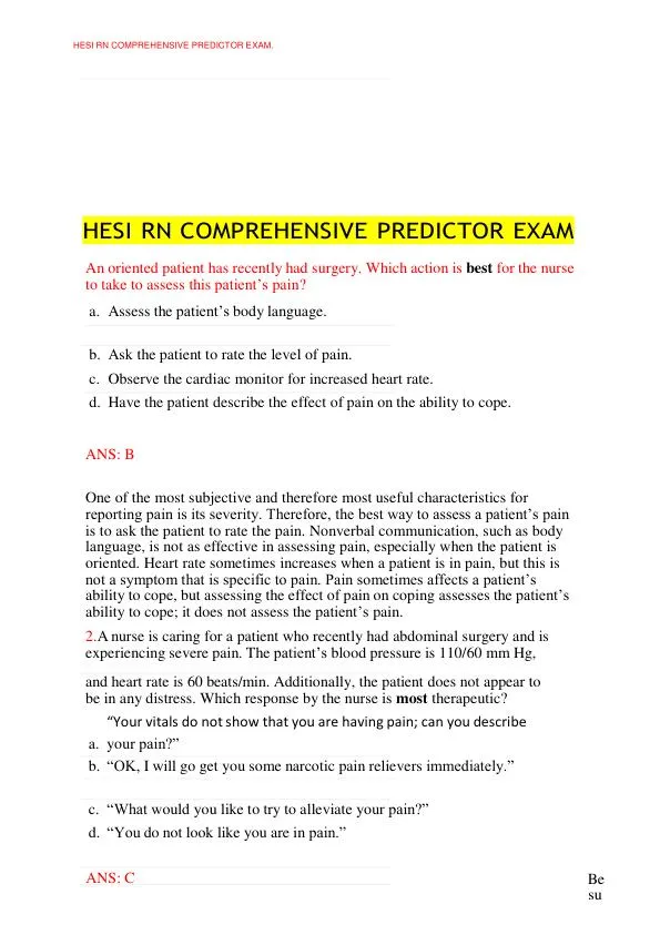 HESI RN Medical Surgical Nursing Predictor Exam With Answers (8 Solved Questions)