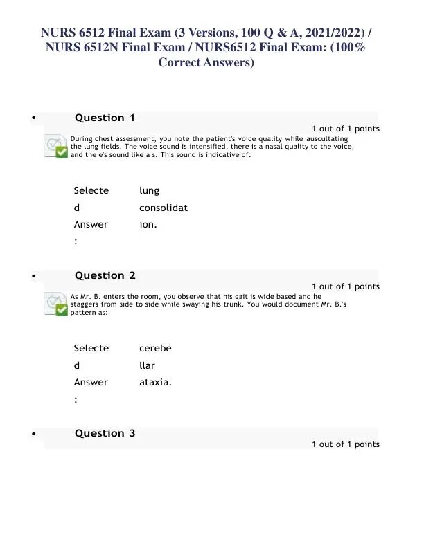 2021-2022 NURS6512 Nursing Diagnosis Final Exam With Answers (100 Solved Questions)