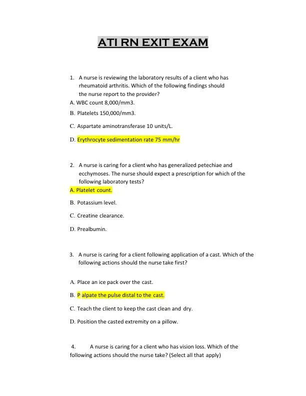 2020 ATI RN Nursing Diagnosis Exit Exam With Answers (181 Solved Questions)