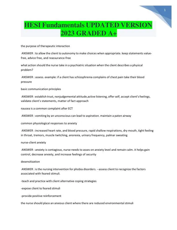 2023 HESI Fundamentals of Nursing Practice Exam With Answers (319 Solved Questions)