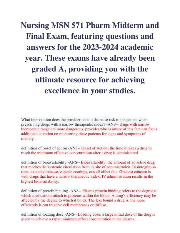 2023-2024 MSN571 Pharmacology Midterm Final Exam With Answers (258 Solved Questions)