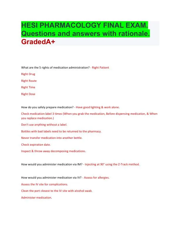 HESI Pharmacology Final Exam With Answers (156 Solved Questions)