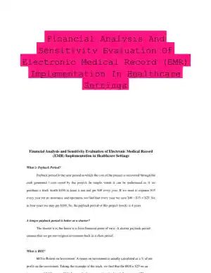 Financial Analysis And Sensitivity Evaluation Of Electronic Medical Record (EMR) Implementation In Healthcare Settings