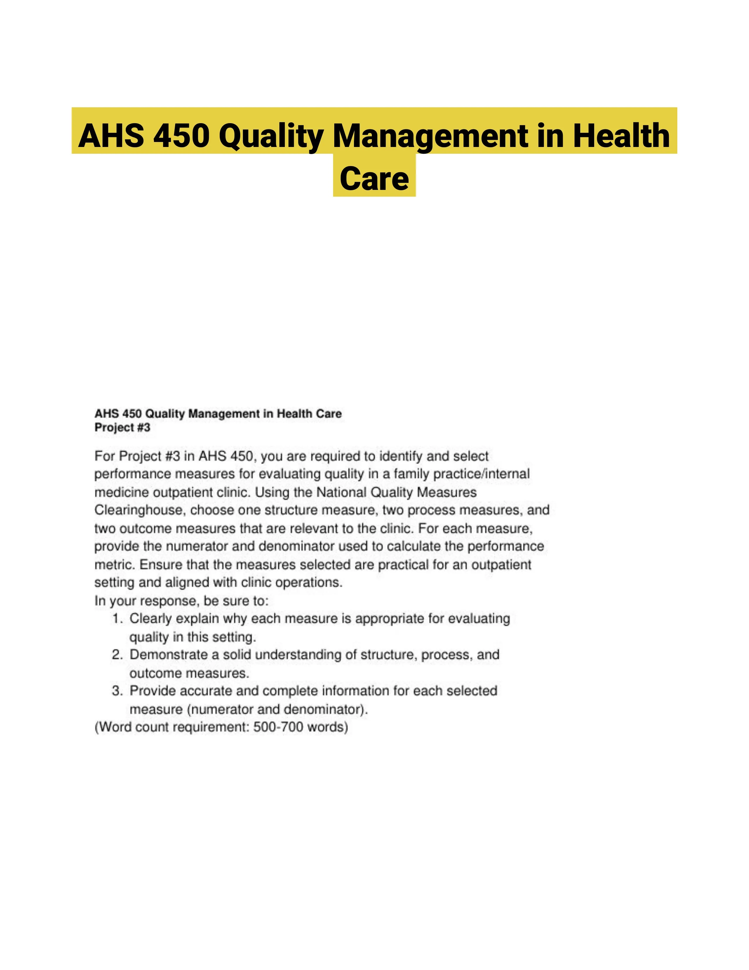 AHS 450 Quality Management in Health Care