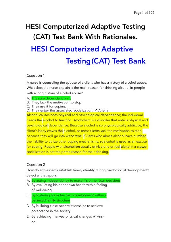 HESI Computerized Adaptive Testing Test Bank With Answers (424 Solved Questions)