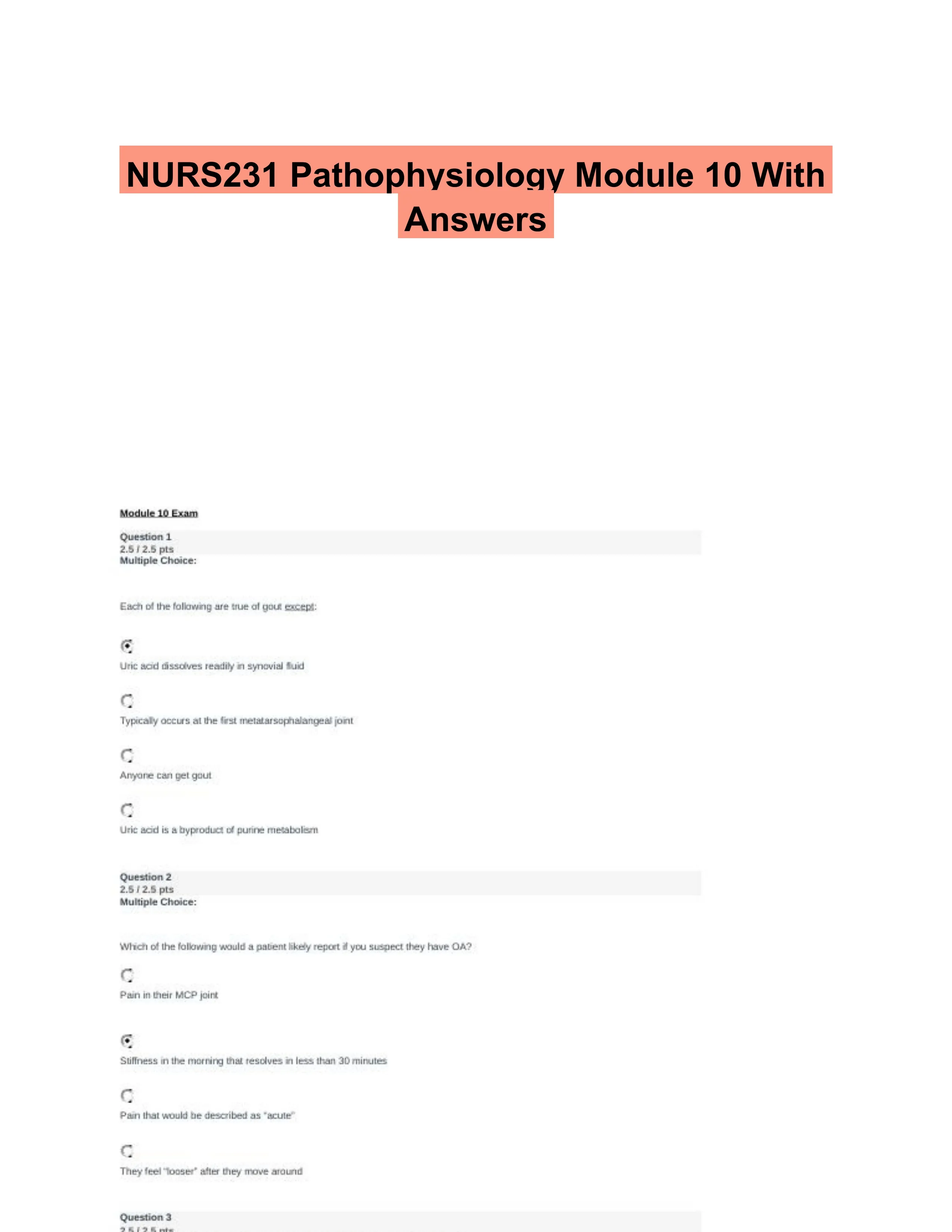NURS231 Pathophysiology Module 10 With Answers (25 Solved Questions)