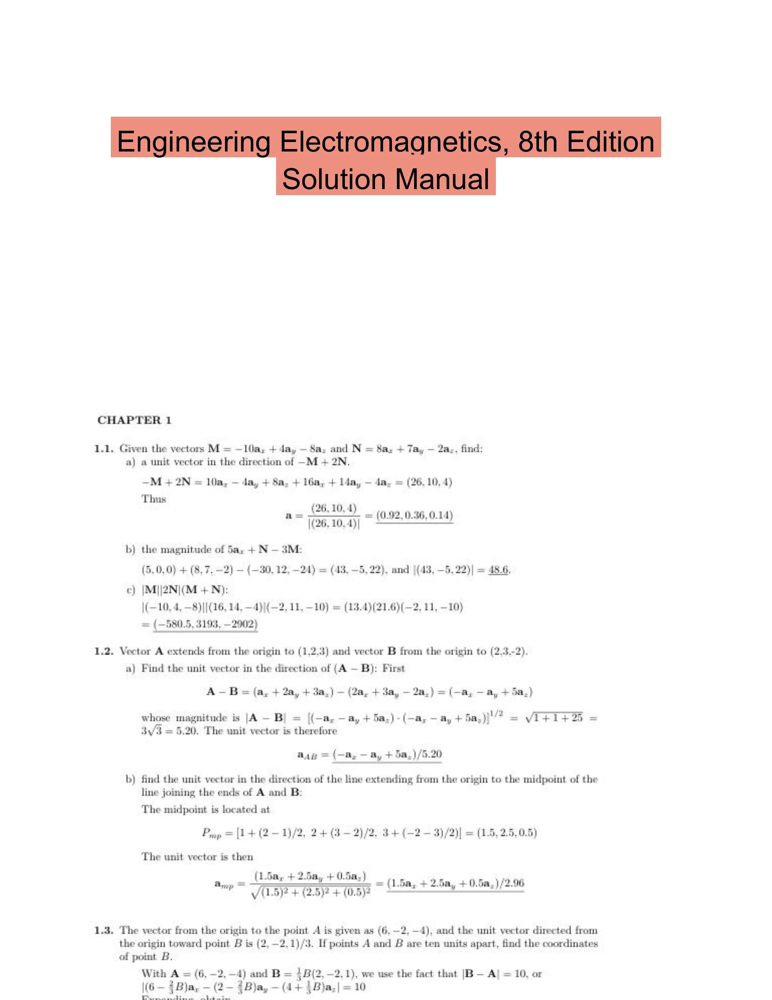 Engineering Electromagnetics, 8th Edition Solution Manual
