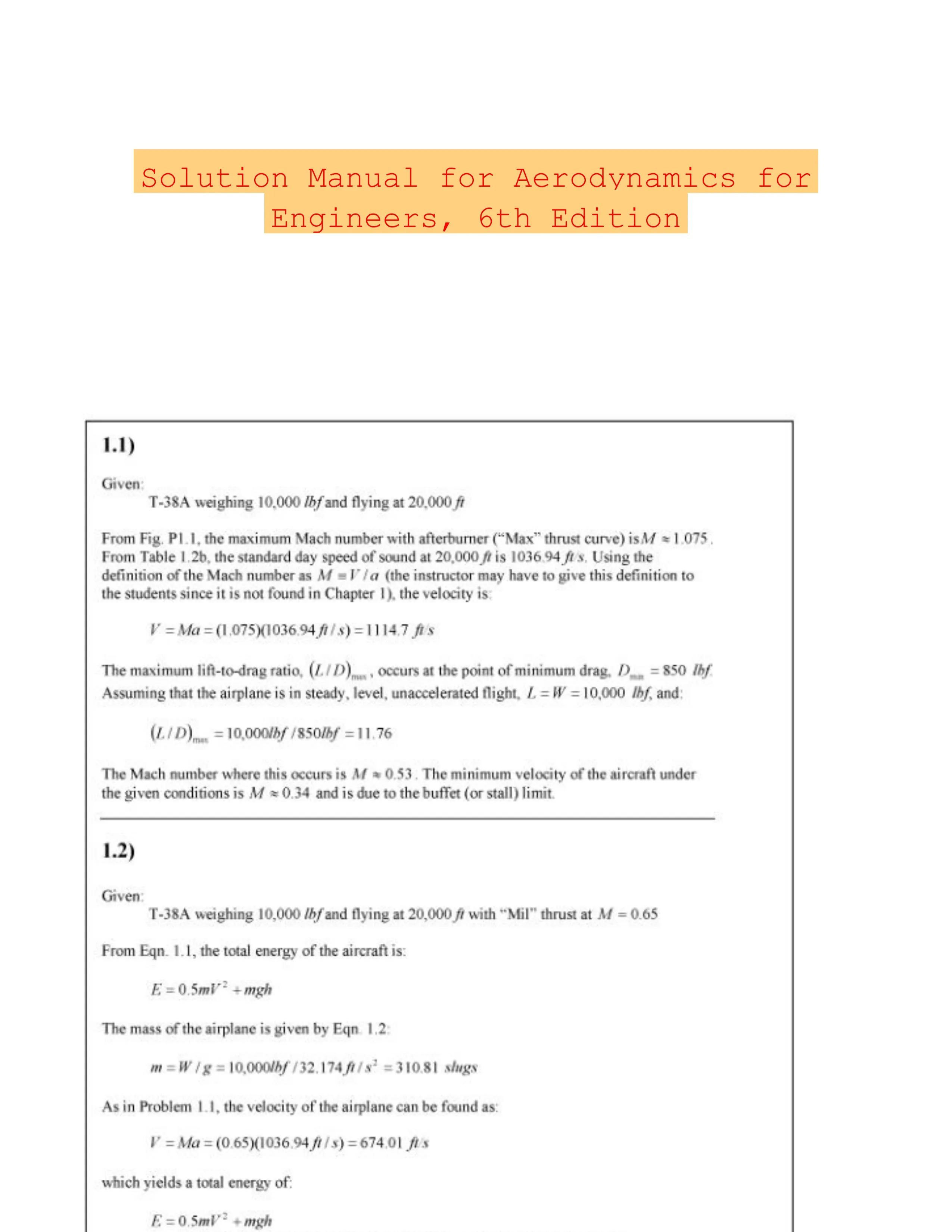 Solution Manual for Aerodynamics for Engineers, 6th Edition