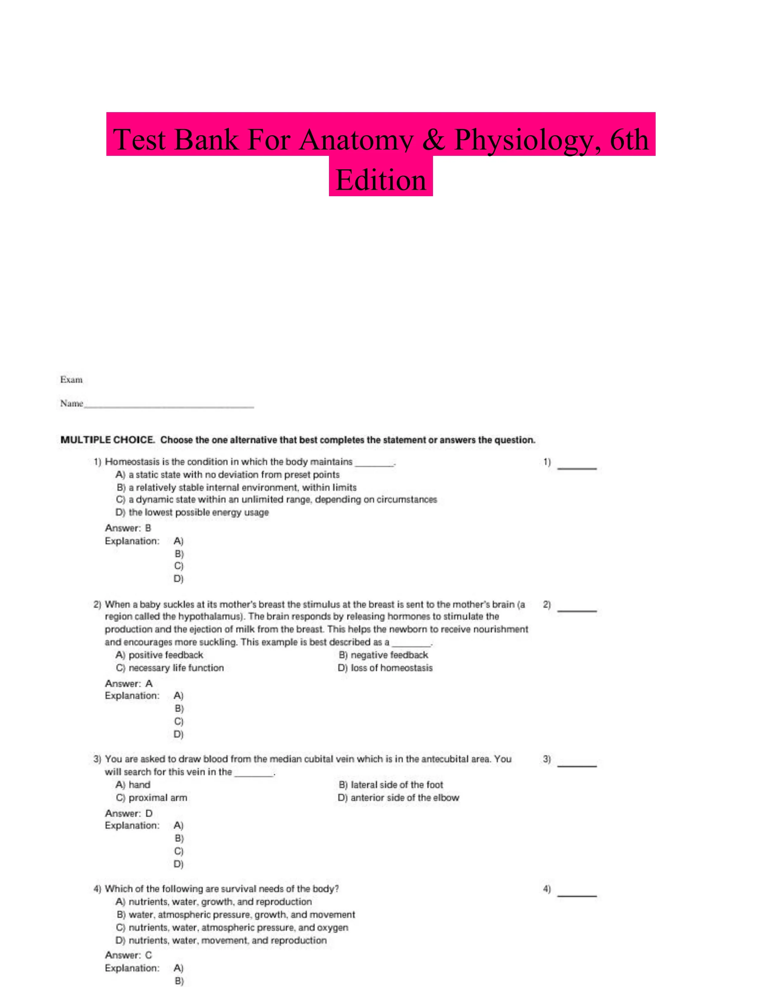 Test Bank For Anatomy & Physiology, 6th Edition