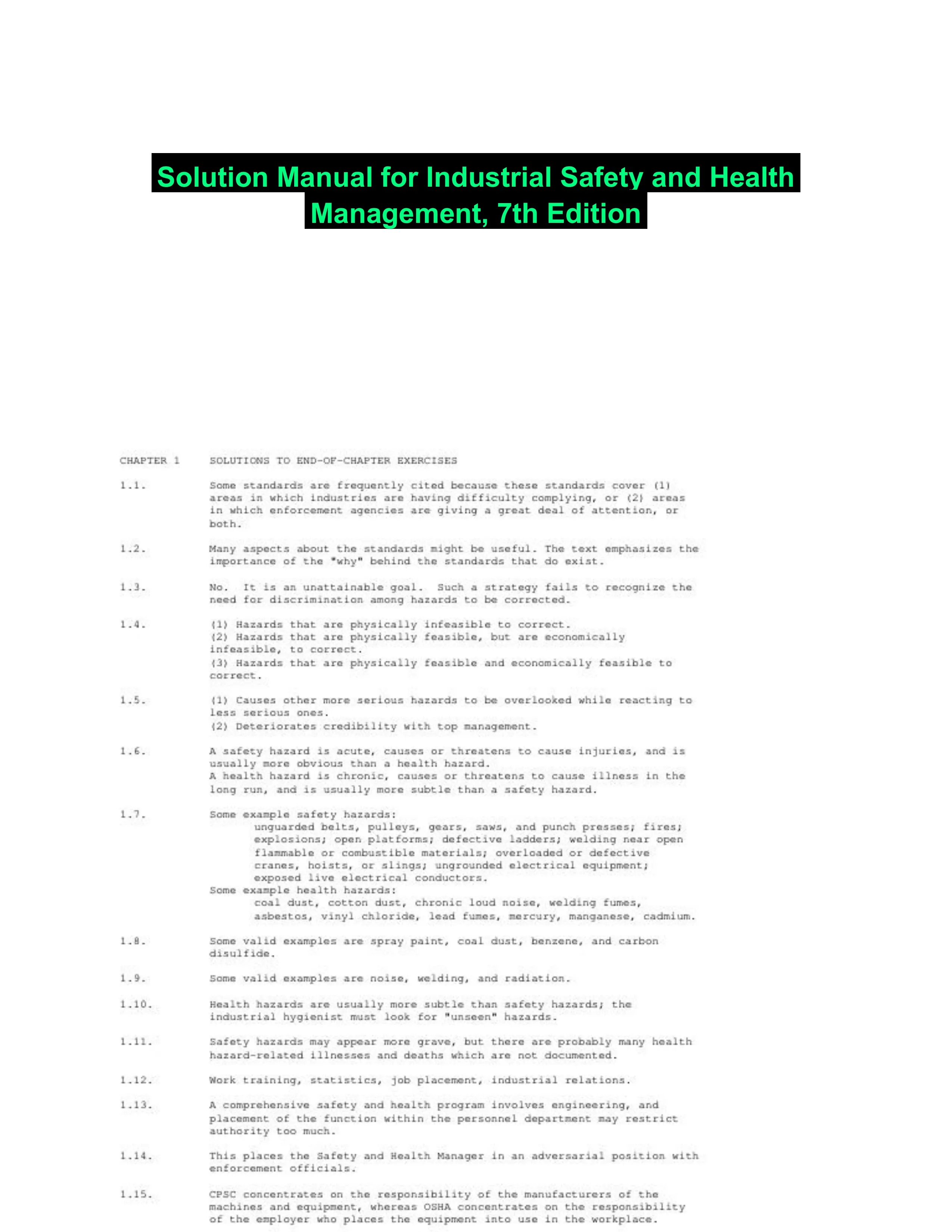 Solution Manual for Industrial Safety and Health Management, 7th Edition