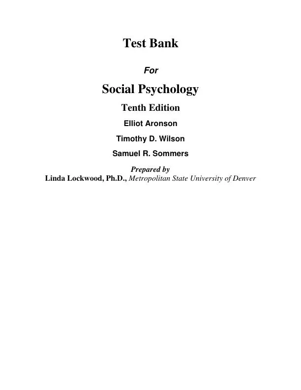 Test Bank for Social Psychology, 10th Edition