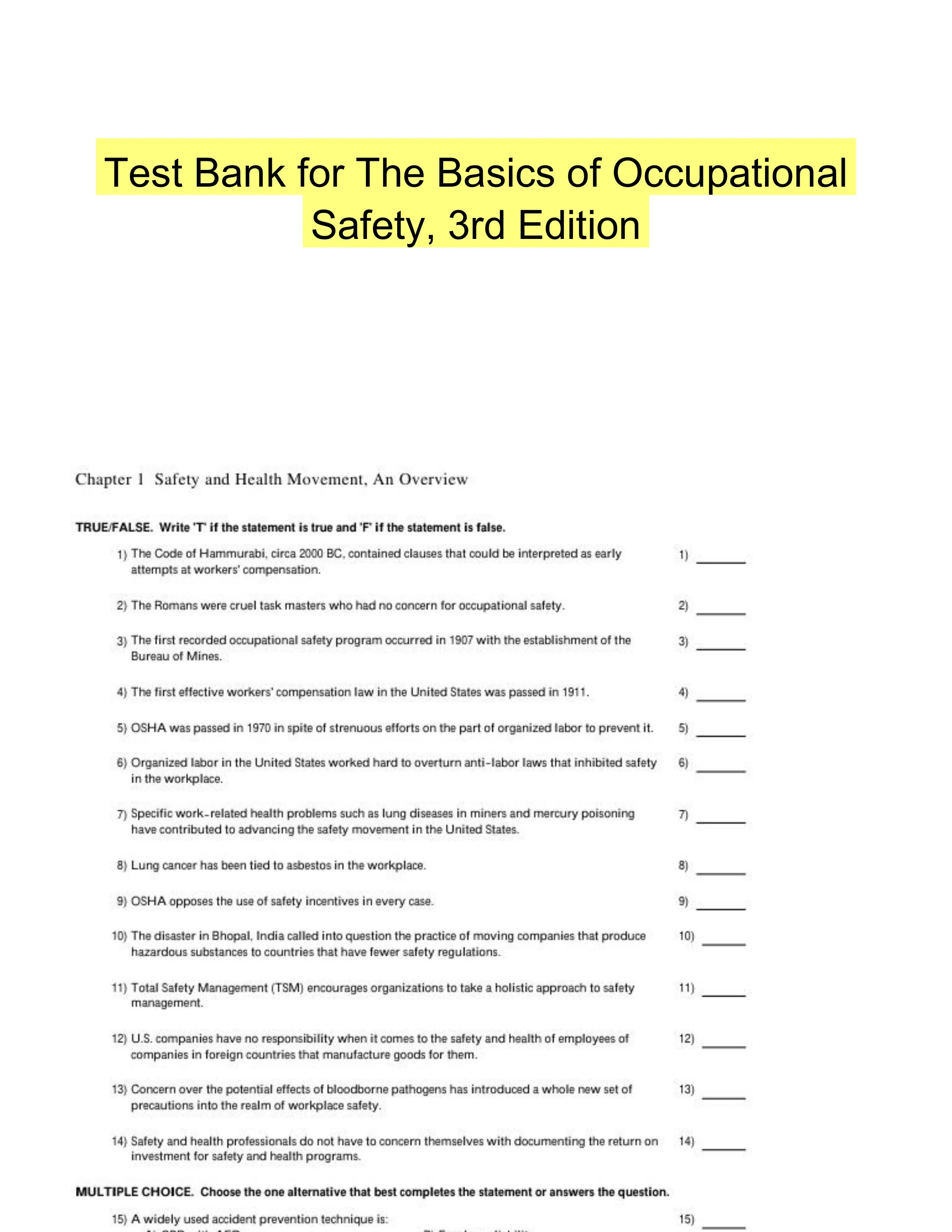 Test Bank for The Basics of Occupational Safety, 3rd Edition