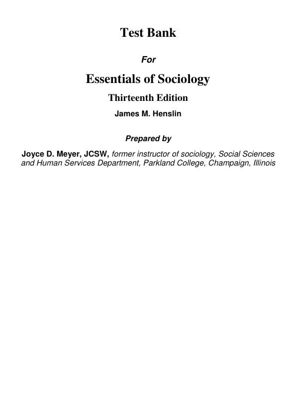 Solution Manual for Essentials of Sociology A Down-To-Earth Approach, 13th Edition
