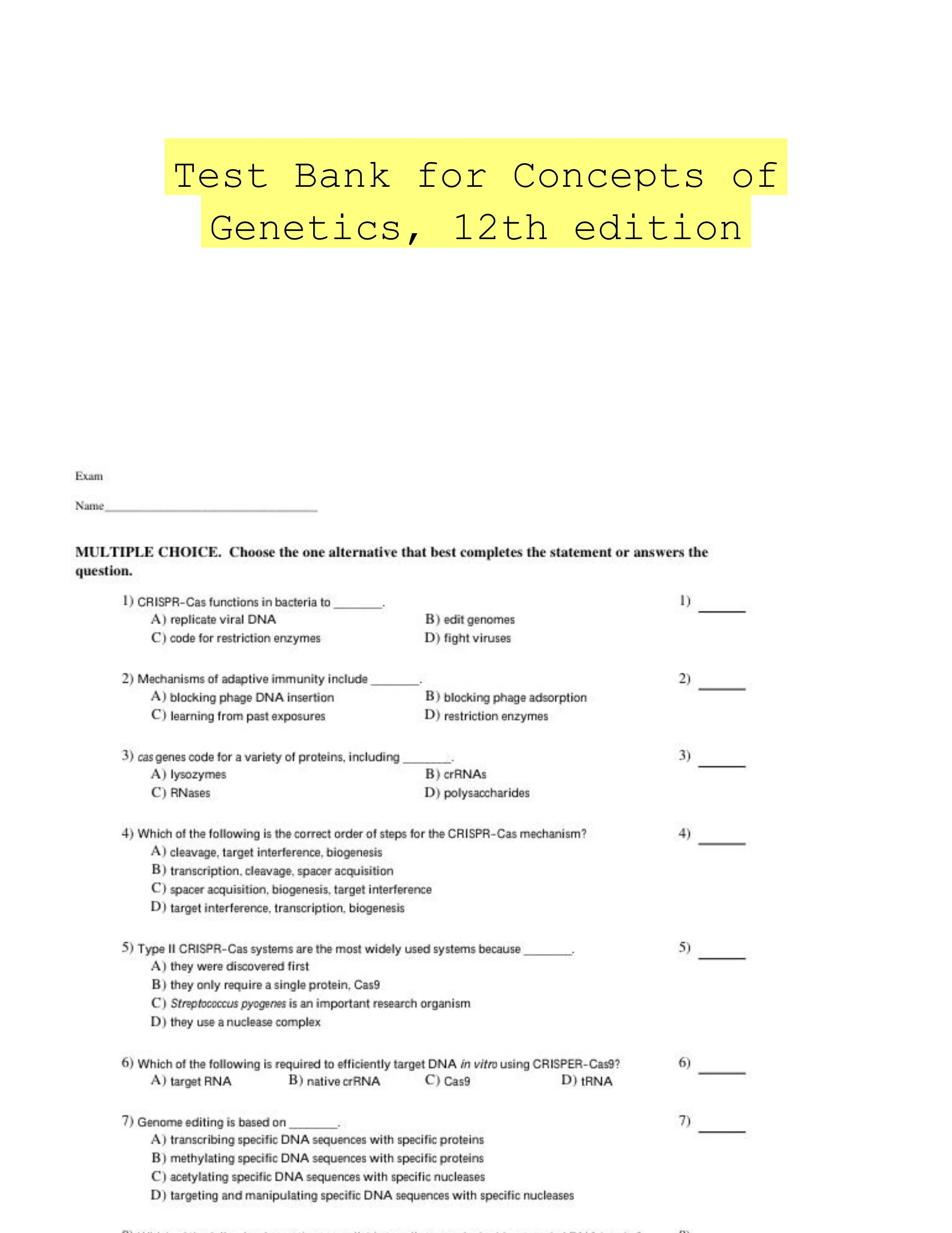 Test Bank for Concepts of Genetics, 12th edition