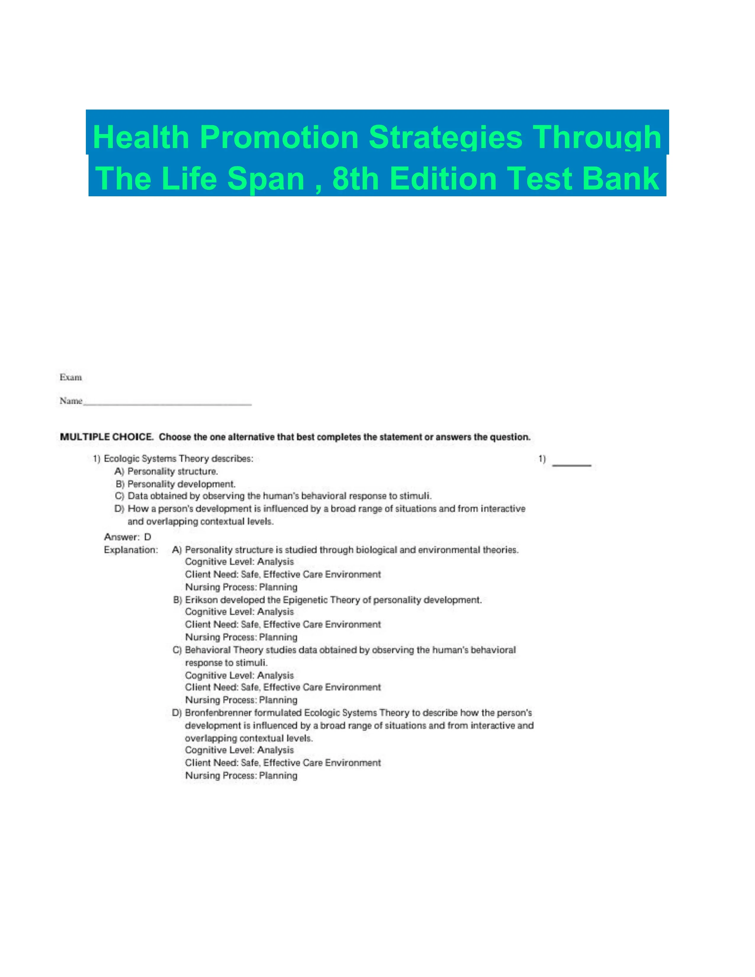 Health Promotion Strategies Through The Life Span , 8th Edition Test Bank