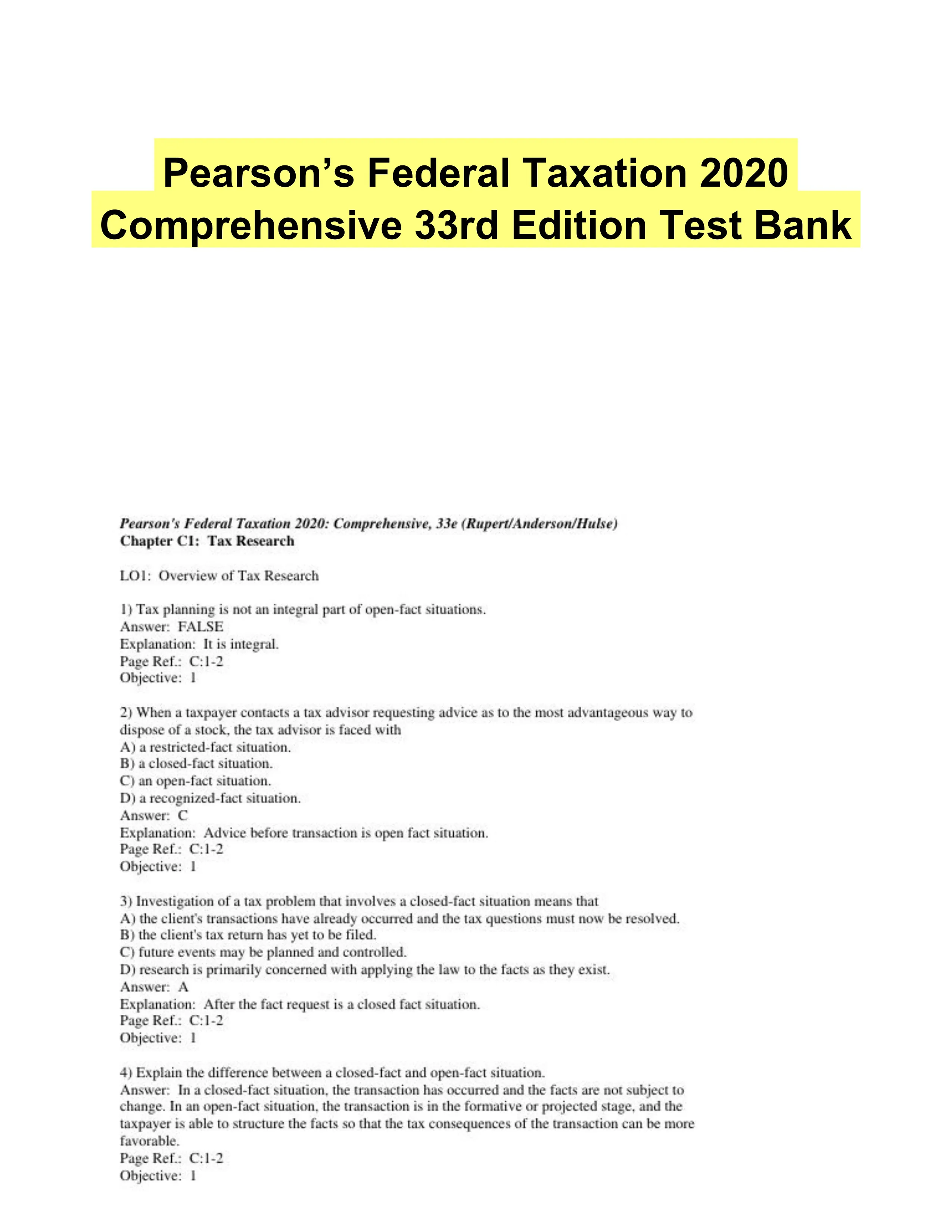 Pearson�s Federal Taxation 2020 Comprehensive 33rd Edition Test Bank