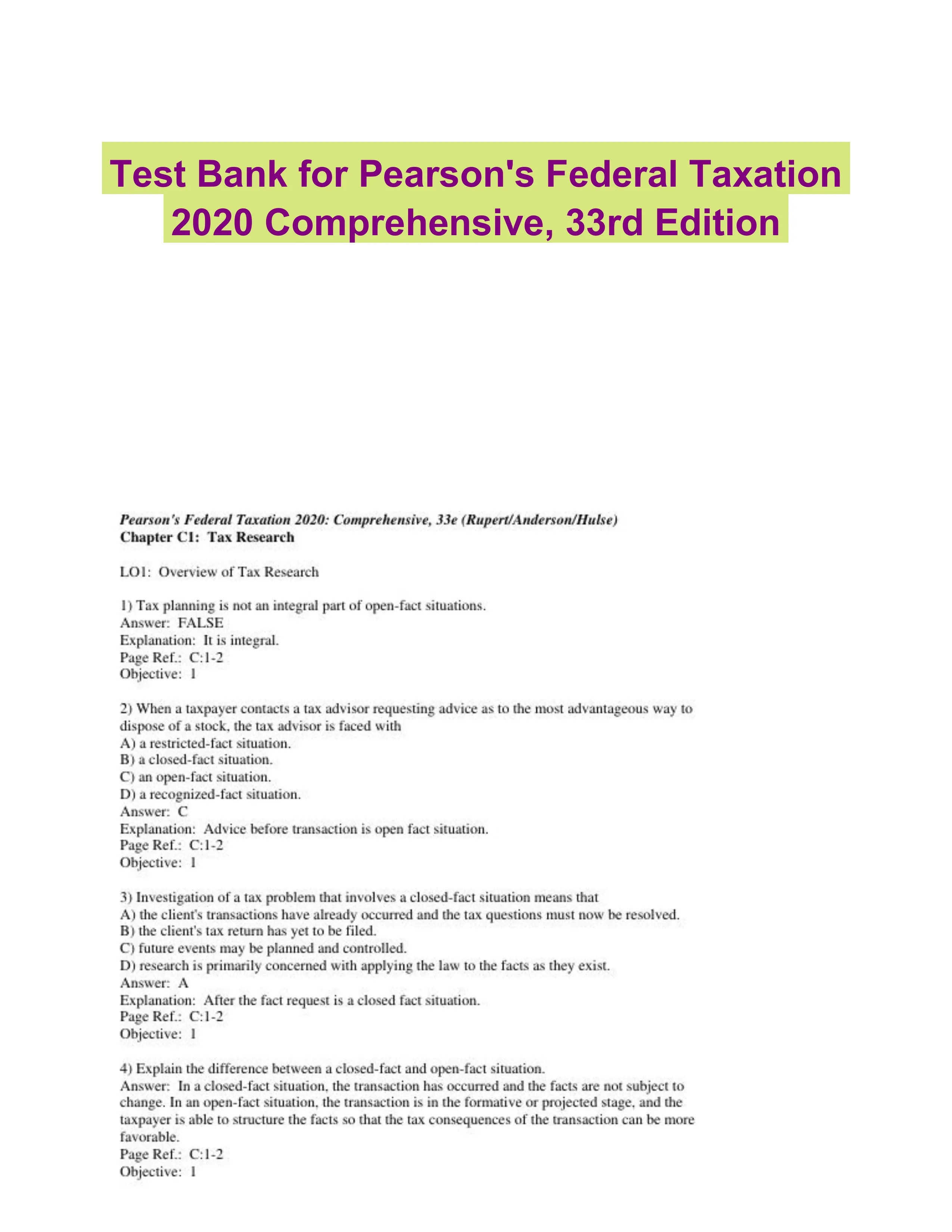 Test Bank for Pearson's Federal Taxation 2020 Comprehensive, 33rd Edition