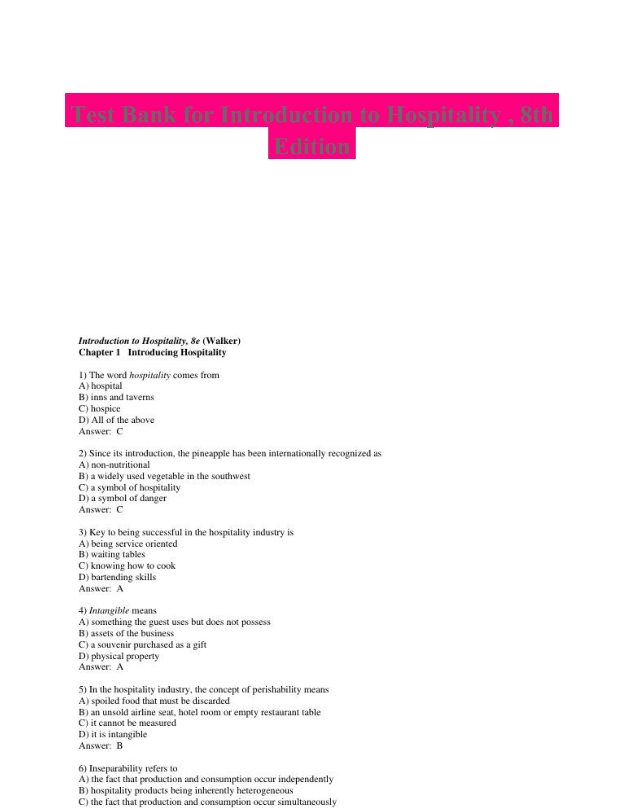 Test Bank for Introduction to Hospitality , 8th Edition