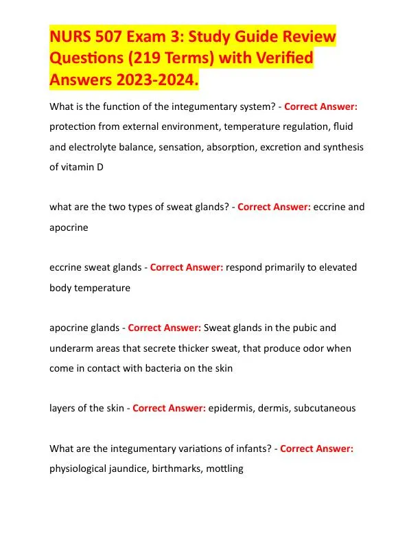 2023-2024 NURS507 Anatomy and Physiology Study Guide Review With Answers (219 Solved Questions)