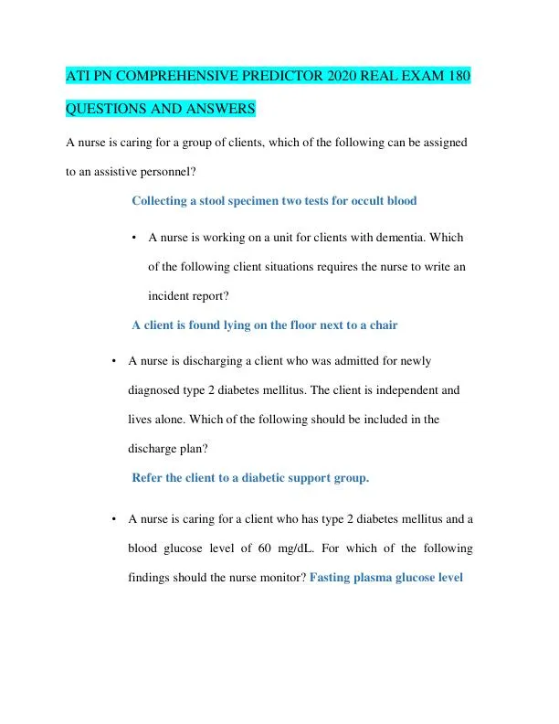 2020 ATI PN Comprehensive Exam with Answers (180 Solved Questions)
