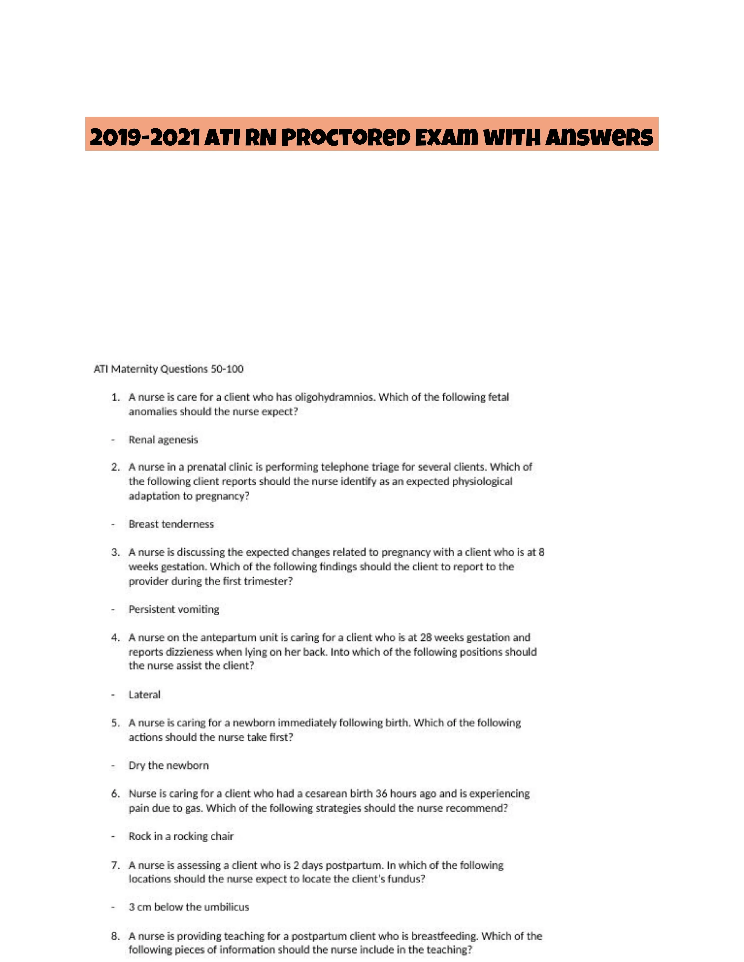 2019-2021 ATI RN Proctored Exam with Answers (50 Solved Questions)